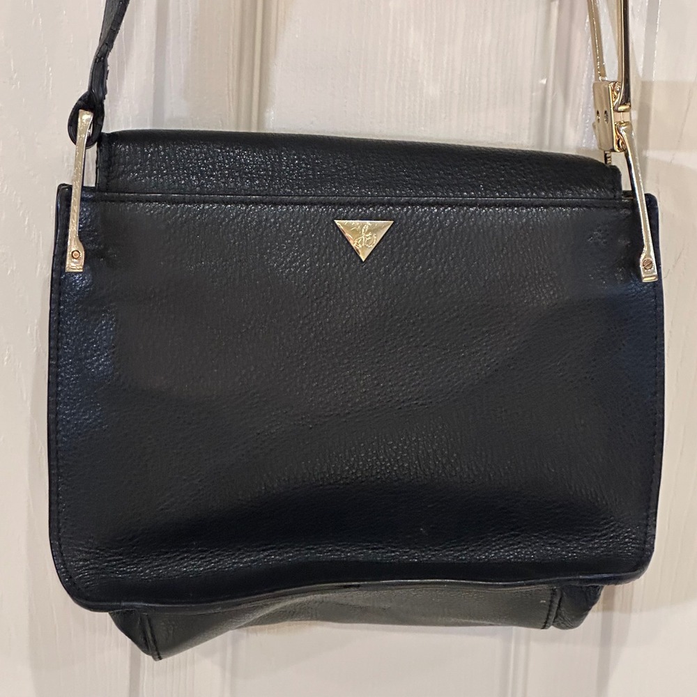 Sam Edelman Black Pebbled Leather Snakeskin Patchwork Crossbody Bag Gold Tone